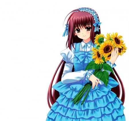 SunFlower - gown, flower, cute, plain, maiden, beautiful, blossom, hot, anime girl, girl, sunflower, floral, simple, pretty, kawaii, beauty, sweet, anime, dress, blue, long hair, nice, lovely, sexy, female