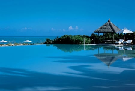 Blue Pool against Blue Sky - beach, aqua, blues, paradise, view, lagoon, turquoise, ocean, islands, swimming, tropical, exotic, luxury, beautiful, blue, island, pool, sea