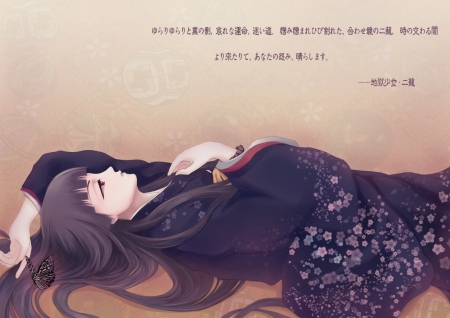 Jigoku Shoujo - anime, female, anma, Shoujo, lying, long hair, emotional, Jigoku Shoujo, enma ai, sad, cutge, sorrow, anime girl, laying, serious, hot, girl, Jigoku, kimono, yukata, sinister, black hair, sexy, ai, lay, hell girl