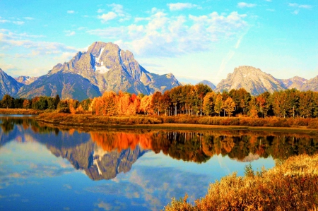 Ox Bow Bend, Snake River, Wyoming - autumn, fall, landscape, trees, reflection, water, colors