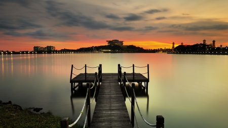 dock on putrajaya bay in malaysia - clouds, city, bay, sunset, dock