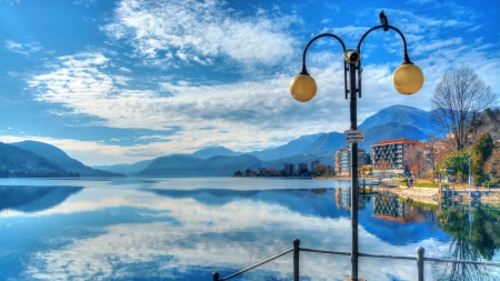 town of omegna on gorgeous lake orta hdr - bird, town, lamp post, hdr, lake, reflection, sky