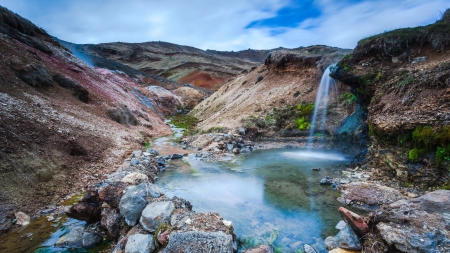 lovely creek between hills - falls, hills, rocks, creek