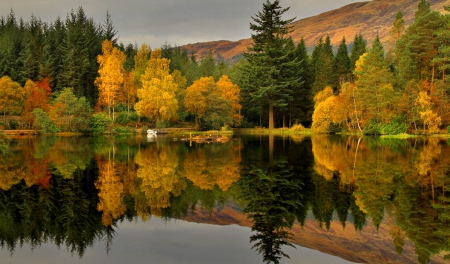 Autumn lake - calm, quiet, tranquil, reflection, crystal, mountain, waters, lake, falling, trees, water, fall, river, nature, autumn, clear, serenity, foliage