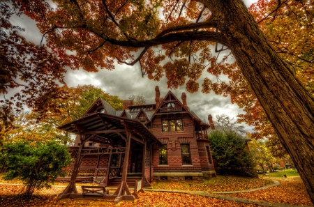 Mark Twain house - pretty, cozy, leaves, Mark Twain, fairytale, nice, cottage, falling, house, branches, trees, beautiful, lovely, fall, nature, autumn, foliage