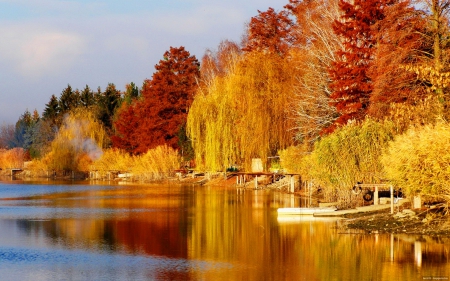 Autumn shore - lakeshore, nice, sky, autumn, trees, colorful, foliage, calm, fall, quiet, river, clouds, falling, smoke, shore, lovely, willow, serenity, nature, beautiful, colors