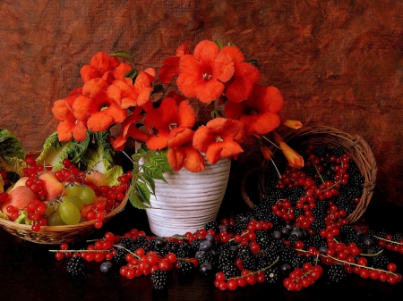 Still life - berry, flowers, vase, fruits, still life