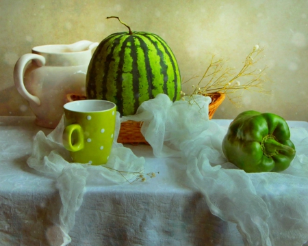 Still life - watermelon, food, still  life, fruits, cup