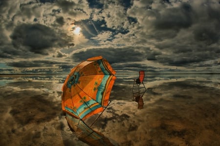 Cool sky - clouds, umbrella, sands, sky