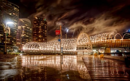 THE WEBB BRIDGE - river, city, night, buildings, webb, bridge