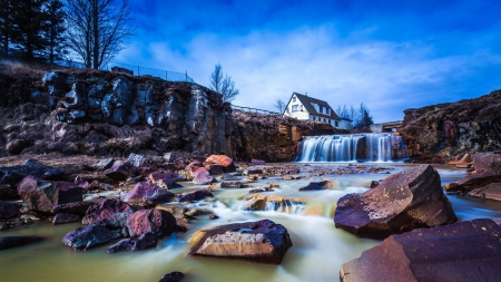 house above a waterfall - fence, cliff, river, house, waterfall, rocks