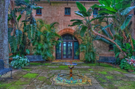 Colorful Courtyard - trees, fountain, archway, windows, benches, colorful, door, courtyard, plants