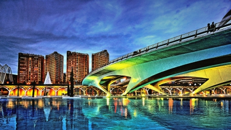 modern bridge in valencia spain hdr - river, hdr, city, reflection, bridge