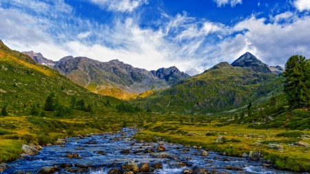 EVER FLOWING - morning, hills, trees, clouds, water, grass, landscapes, creek