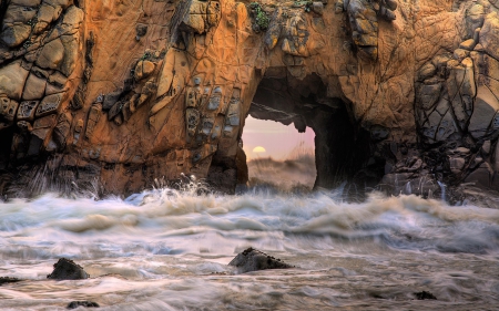 Hole in stone - stone, fields, ocean, sun, water, colorful, wave, nature, beautiful, hole