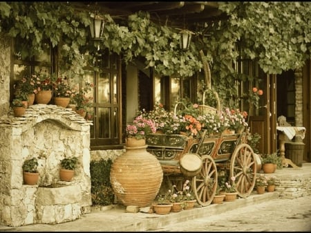 Flowers Carriage - houses, architecture, carriage, frontyard, flowers, fountains