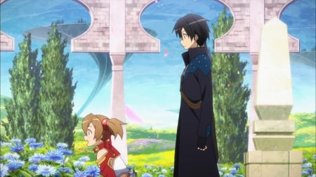 Kirito â™¡ Silica - joy, anime girl, enjoy, black hair, kirigaya kazuto, kazuto kirigaya, garden, warrior, long hair, kirito, excited, floral, beautiful, sweet, beater, guy, happy, nice, beauty, female, silica, sao, brown hair, pretty, anime, short hair, sword art online, male, appy, girl, kirigaya, lovely, boy, blossom, flower, kazuto