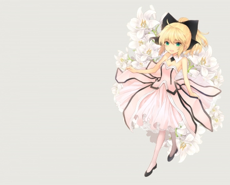 Saber Lily - flower, plain, blonde, adorable, ribbon, blond, saber lily, mhot, ir, fate stay night, anime, lovely, female, chibi, gown, lily, blond hair, cute, beautiful, blossom, girl, anime girl, elegant, gorgeous, blonde hair, floral, simple, pretty, kawaii, beauty, sweet, dress, long hair, nice, sexy, saber