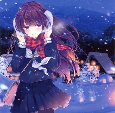 Snow Night - nice, beauty, female, hot, anime girl, brown hair, pretty, cold, anime, cute, maiden, lady, sexy, adorable, girl, winter, long hair, lovely, kawaii, snow, beautiful, freeze, sweet