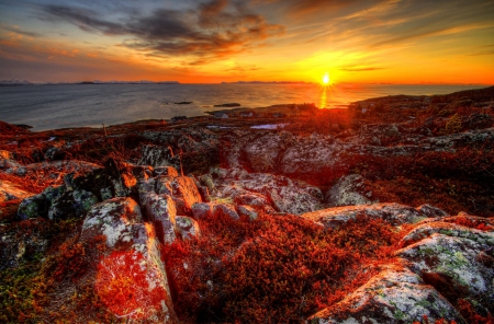 Norwegian Coast at Fall Season - sunset, atlantic, rocks, sun, sky