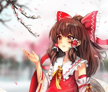 Hakurei Reimu - flower, cute, beautiful, blossom, hakurei reimu, hot, anime girl, girl, shrine maiden, ribbon, floral, hakurei, touhou, pretty, kawaii, beauty, sweet, sakura, brown hair, anime, sakura blossom, long hair, petals, reimu, nice, brown eyes, lovely, sexy, female, cherry baloosm