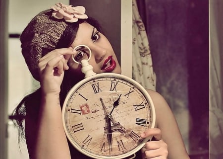 Play with Time - beauty, face, lady, romantic, clock, brunette, model