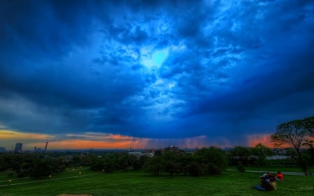 APPROACHING STORM - clouds, people, hdr, stormy, field, sky