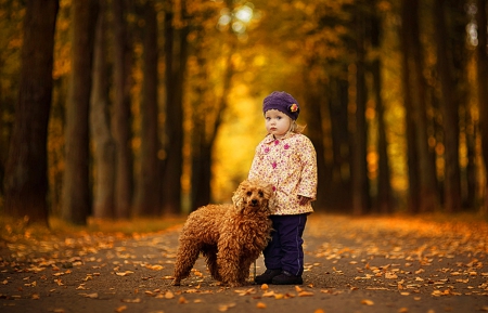 Autumn in the park - trees, yellow, beautiful, small, girl, dog, leaves, nature, autumn, friends, good, park, wallpaper, other