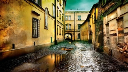 alley after the rain - cobblestones, puddles, alley, buildings