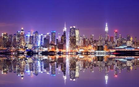 marvelous reflection of manhattan - city, reflection, skyscrapers, river