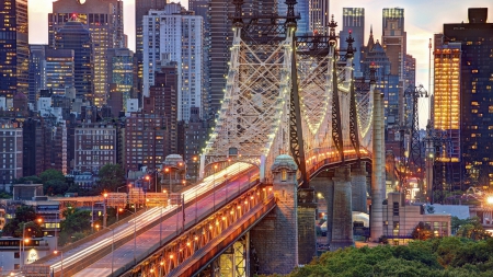 59th street bridge into manhattan - brighe, dusk, city, lights