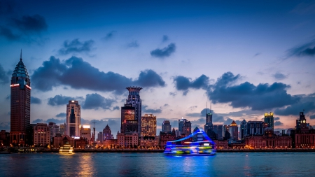 boat moving through shanghai waterfaront - city, waterfront, dusk, lights, boat