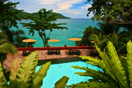 Beautiful Beach View Pool - lagoon, blue, banana, island, leaves, aqua, swimming, view, exotic, plants, paradise, spa, beautiful, sea, ocean, tropical, pool