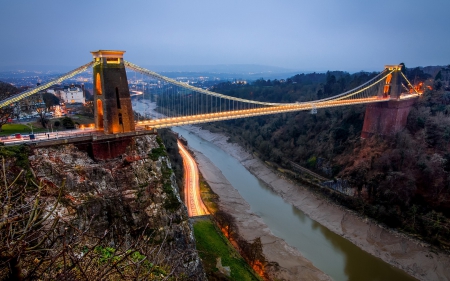 fantastic bridge at dusk - gorge, town, river, bridge, dusk, lights