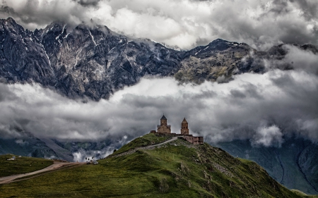 lonesome monastery in the mountains - hill, clouds, mountains, monastery