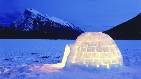 lovely lit igloo - ice, lake, mountain, landscape, light, winter, mountains, evening, igloo, plain, snow, frozen