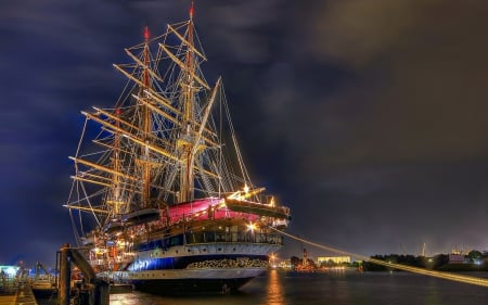 the sailing ship amerigo vespucci - dock, sailing ship, clouds, night, harbor, lights