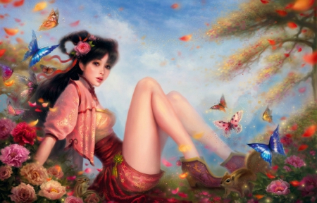 Lovely Elf - wallpaper, digital, beautiful, flowers, girl, art, fine, butterflies, fantasy, nice, woman, colorful