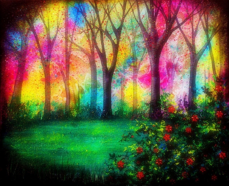 Emerald Lake Radius - trees, roses, aura, colorful, creative pre-made, pretty, traditional art, landscapes, attractions in dreams, radius, draw and paint, little lakes, nature, love four seasons, beautiful, scenery, flowers, colors