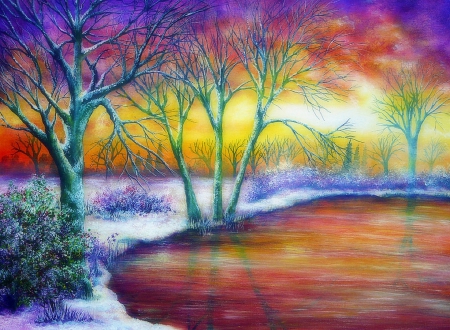 Lake in the Winter - trees, creative pre-made, lakes, cool, cold, paintings, traditional art, landscapes, attractions in dreams, draw and paint, winter, plants, heaven, nature, love four seasons, snow, scenery, colors