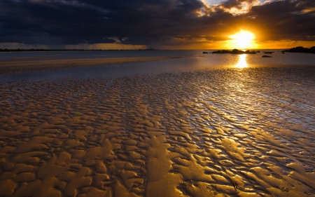 sunset on a rippled beach - clouds, beach, low tide, sunset, ripples