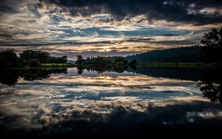 gorgeous reflection in lake at sundown - lake, reflection, clouds, sundown, trees