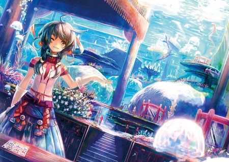 aqua girl in the sea town - short hair, anime, town, blue, pretty girl, cute girl, sea