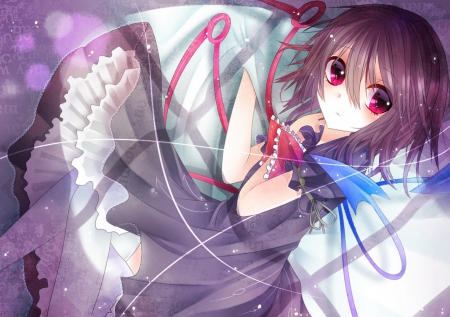 cute nue chan - touhou, beautiful, blue dress, cute girl, nue, brunette, red eyes