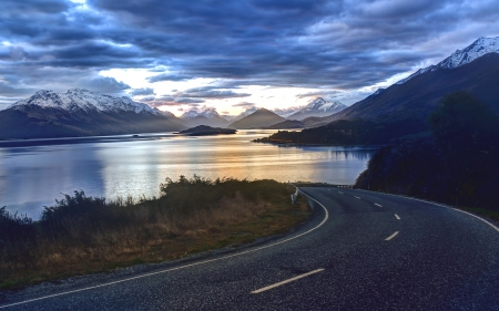 The road to freedom - clouds, water, magic, beautiful, splendor, road, landscape, outdoor, morning, nature, view, lake, mountains, peaceful, sun