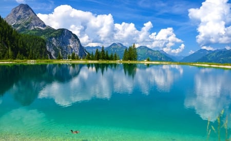 Ehrwald-Austria - nice, ehrwald, lake, sky, trees, shore, mirrored, lovely, nature, crystal, reflection, clouds, blue, beautiful, waters, austria