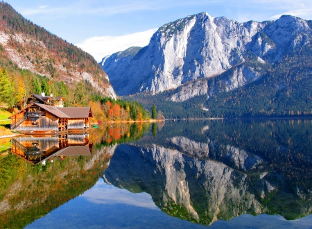 Calm blue lake - calm, quiet, summer, blue, cabin, reflection, crystal, shore, peak, cliffs, waters, lake, holls, house, trees, boat house, mirrored, slope, nature, autumn, clear, serenity, rocks, silent