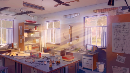 Work Station - pretty, anime, parts, shelf, scenery, window, room, scene, light, aeroplane, monitor, home, plane, sparks, nice, house, beautiful, curtains, table, scenic, beauty, lovely, radio, sweet, pc, glow, desk, digital, building