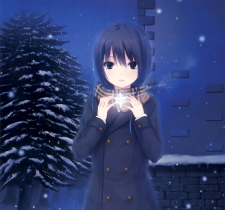 SnowFlakes - cute, freeze, hot, anime girl, adorable, girl, sparks, light, tree, cold, winter, glow, pretty, snowflakes, kawaii, short hair, sweet, scarf, anime, flakes, nice, lovely, sexy, female, snow