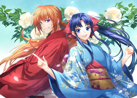 â™¡ Couple â™¡ - lover, hot, anime girl, kamiya kaoru, orange hair, petals, romance, kimono, sexy, long hair, romantic, floral, yukata, sweet, samurai x, happy, guy, nice, female, brown hair, pretty, anime, cute, handsome, love, male, couple, himura kenshin, girl, rurouni kenshin, lovely, blue hair, boy, blossom, smile, flower